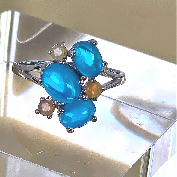 925 Sterling Silver Ring with Natural Oval Blue Opal 8x6mm & Fire Opal Gemstones - Picture 2 of 14